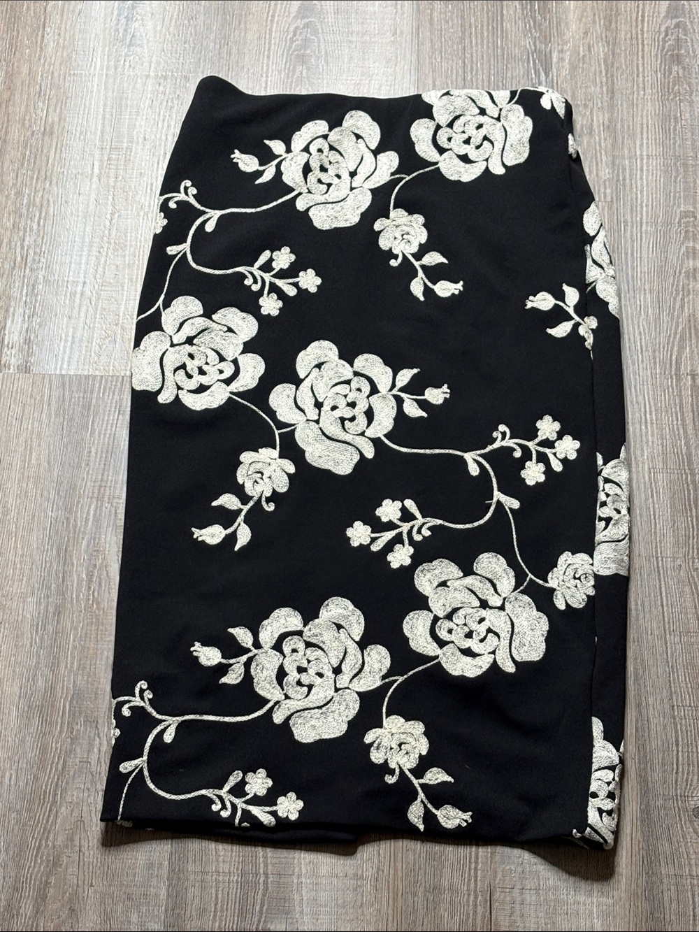 Beige by eci Black Pencil Skirt with Cream Floral Embroidery